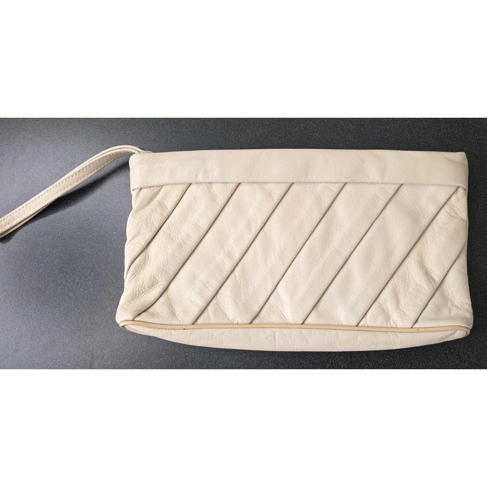 Vintage Retro Ivory Genuine Leather Clutch Handbag Wristlet Purse Korea Made 80s